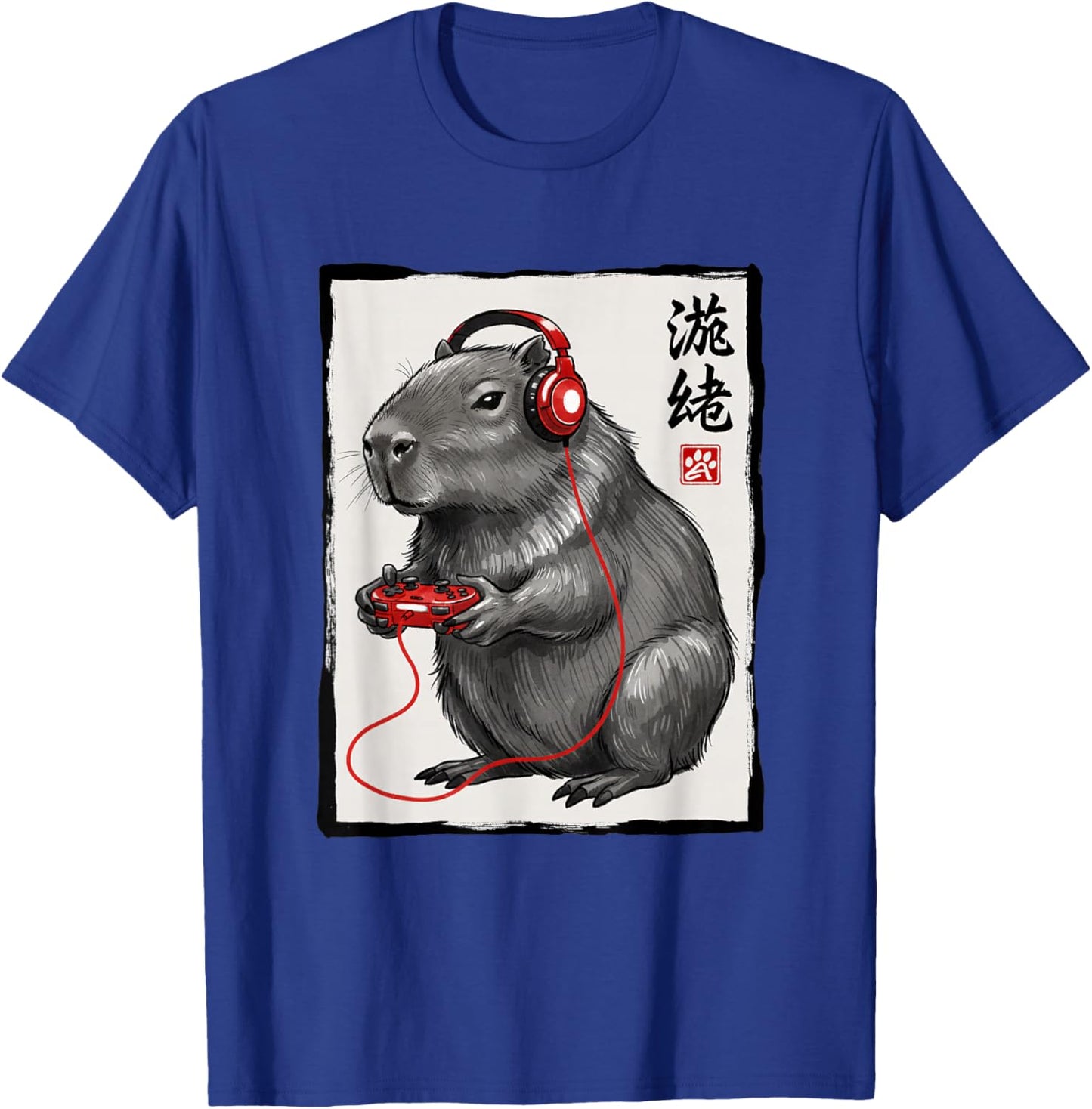 Capybara Gamer with Headphones Japanese Kanji Kids Gaming T-Shirt - T-Shirt | Royal