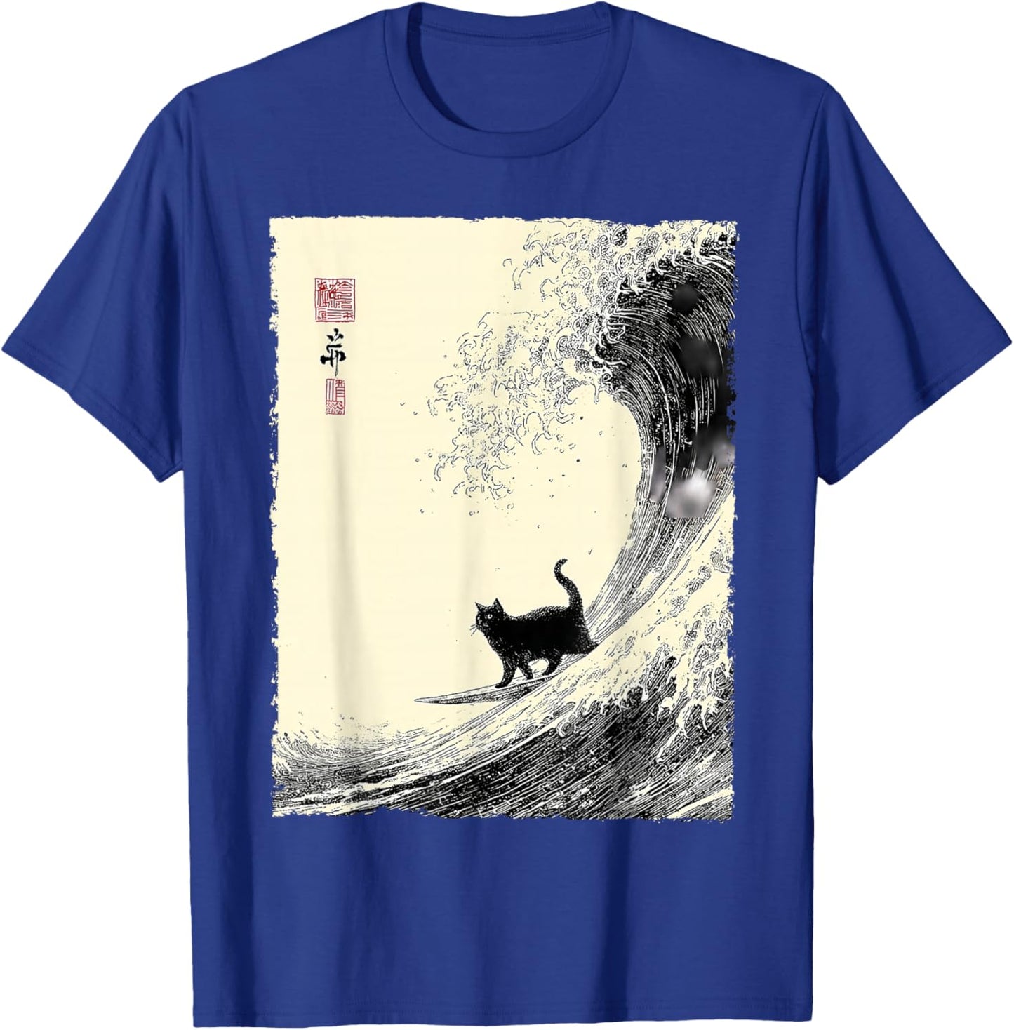 Funny Cat Surfing The Great Wave Japanese Ukiyo-e Cat T-Shirt - T-Shirt | Royal