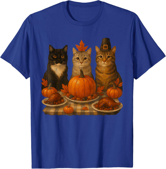 Funny Cats Dinner Feast Pumpkin Turkey Thanksgiving Party T-Shirt - T-Shirt | Royal