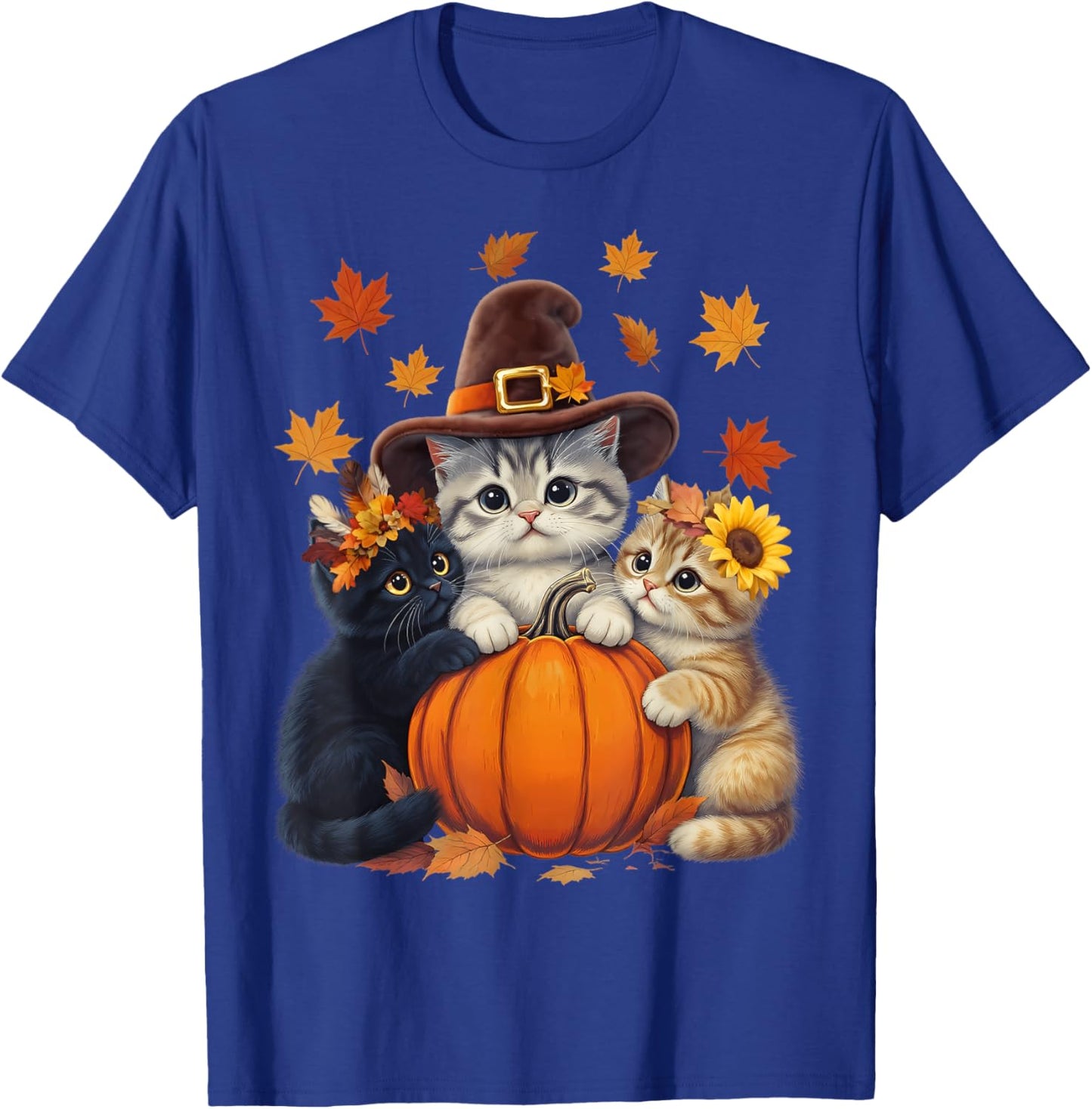 Thanksgiving Kittens and Pumpkin Cats Lover Men Women Fall T-Shirt - T-Shirt | Royal