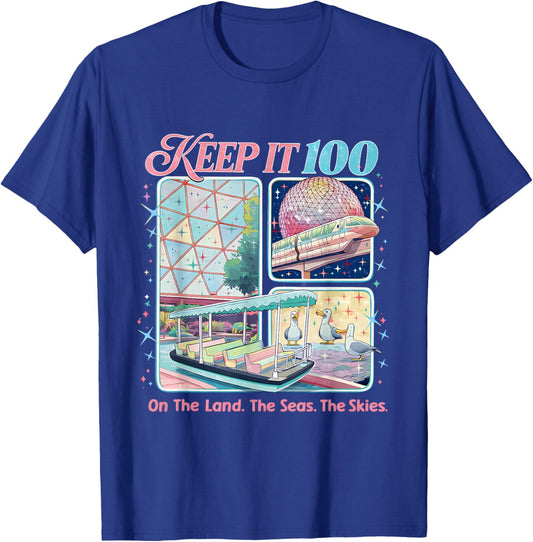 Keep It 100 Retro Travel Aesthetic Land Sea Sky T-Shirt - T-Shirt | Royal