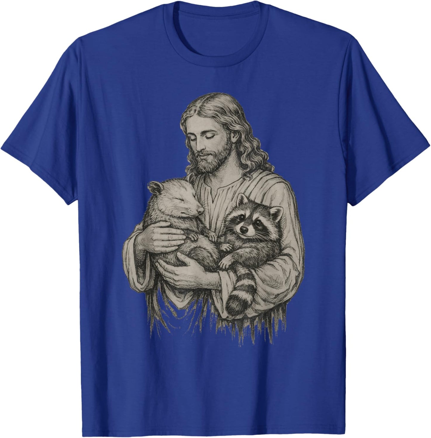 Jesus Holding Opossum and Raccoon Christian Religious Funny T-Shirt - T-Shirt | Royal