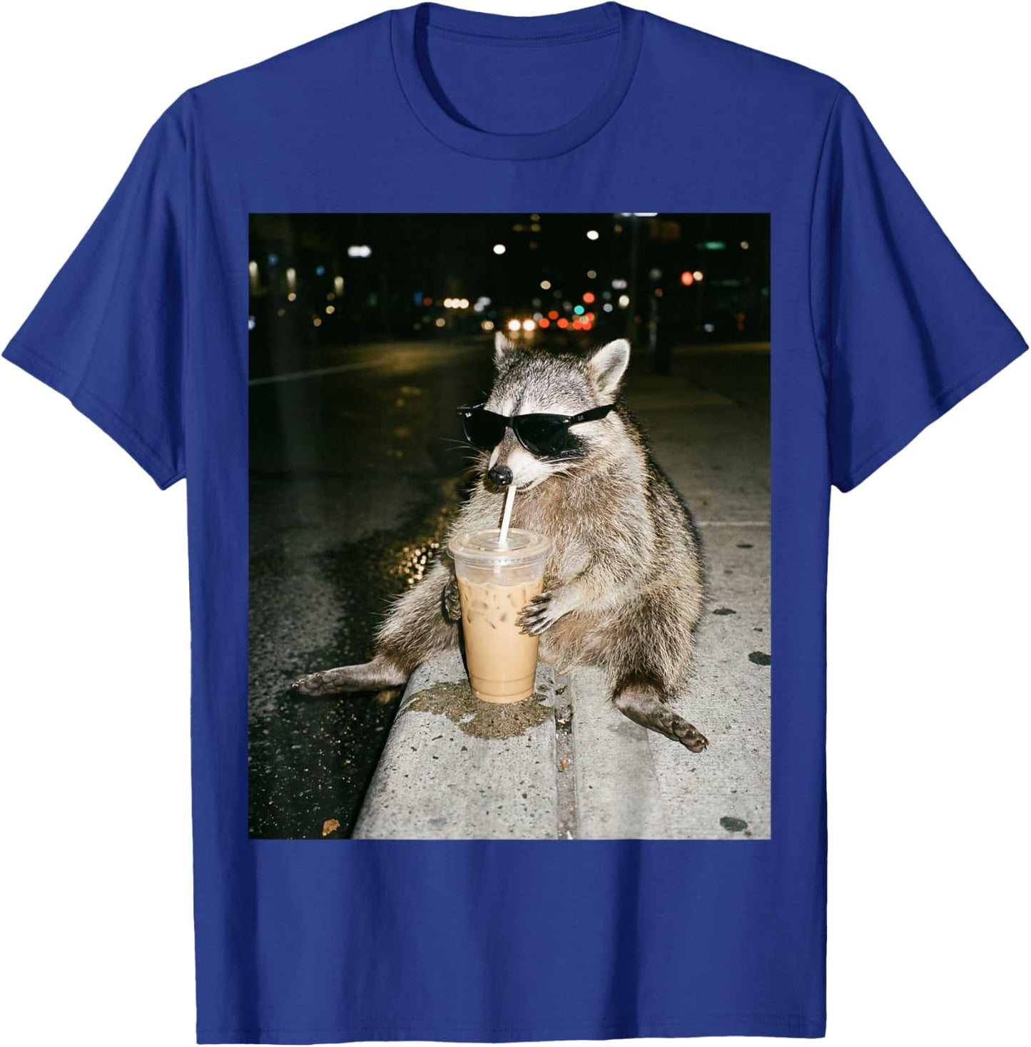 Funny Raccoon Drinking Iced Coffee Meme Men Women T-Shirt - T-Shirt | Royal