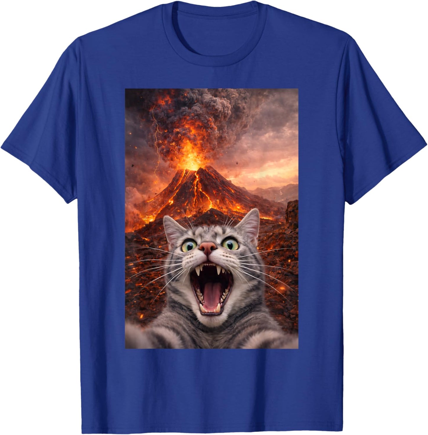 Funny Scared Cat Selfie During Volcano Eruption T-Shirt - T-Shirt | Royal