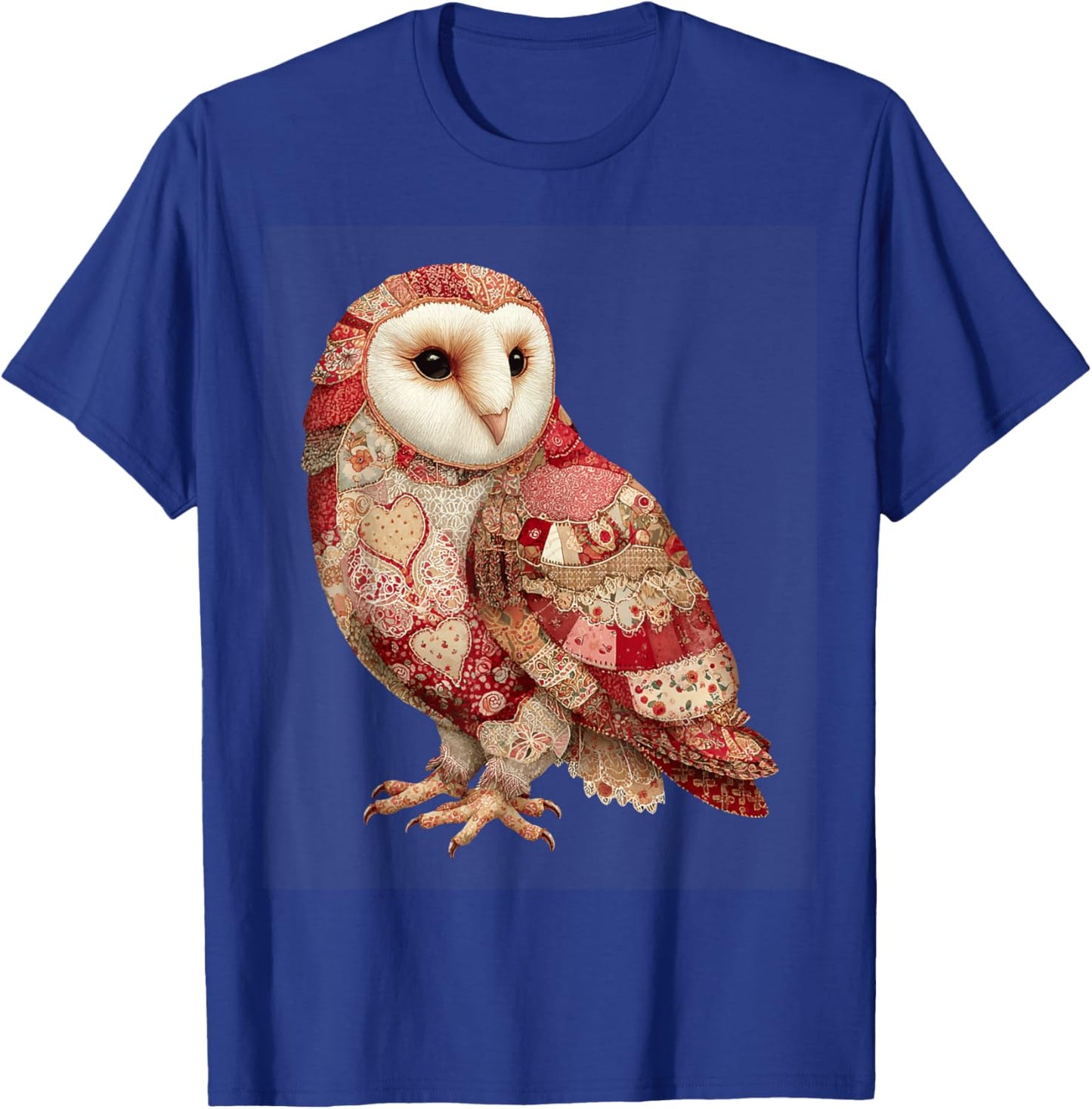 Whimsical Patchwork Owl with Hearts Pattern T-Shirt - T-Shirt | Royal