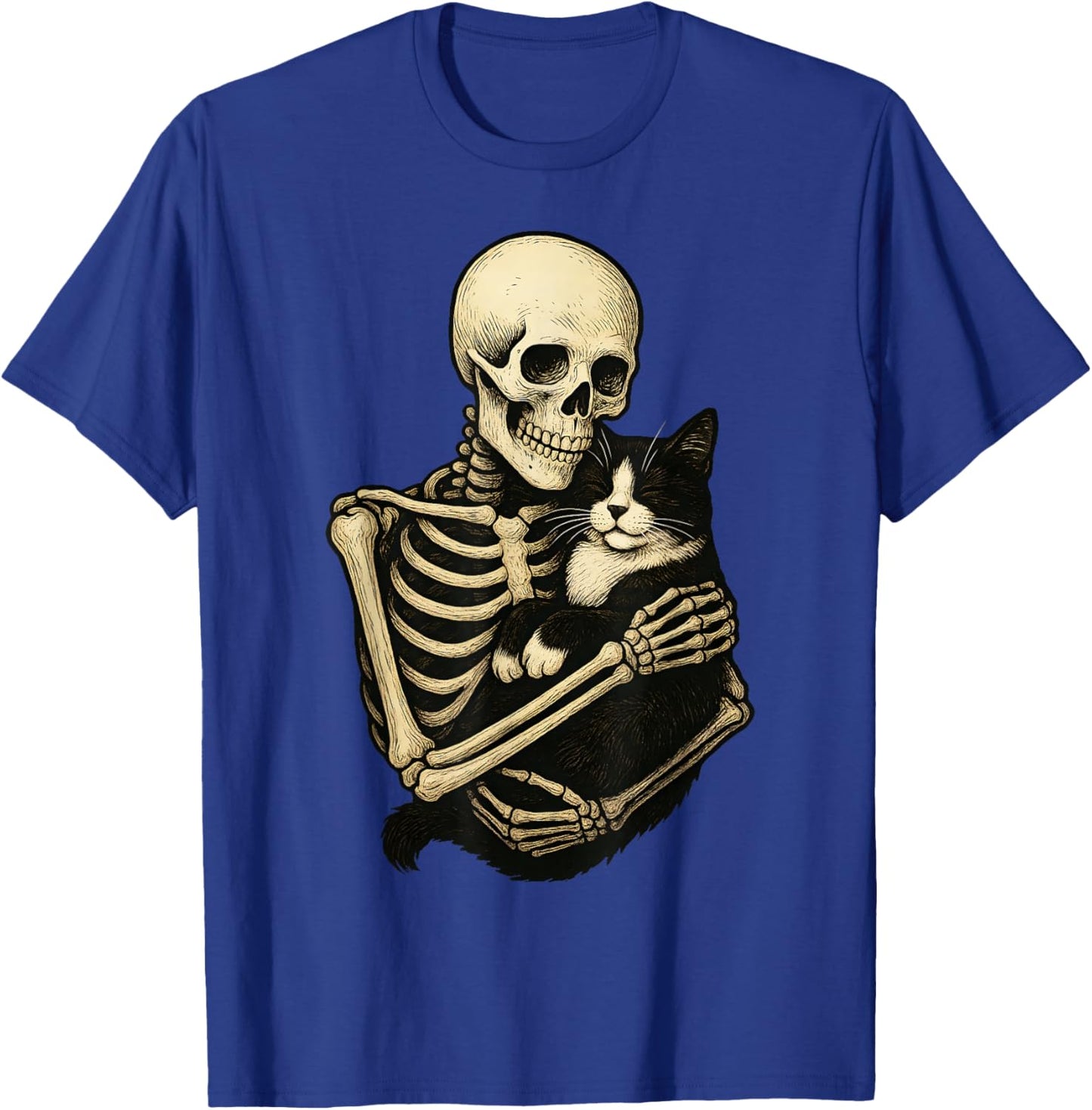 Skeleton Hugging Tuxedo Cat Funny Halloween T-Shirt - T-Shirt | Royal