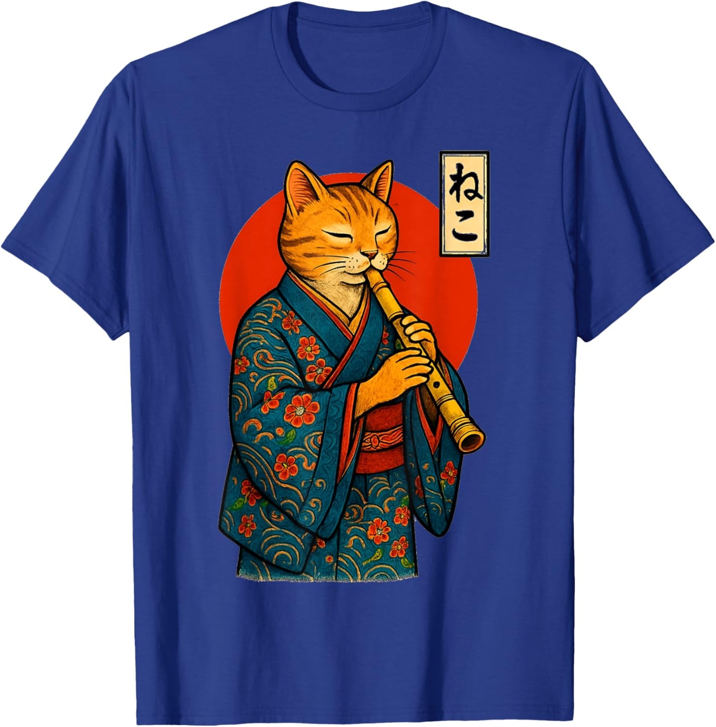 Vintage Japanese Samurai Cat Playing The Shakuhachi Flute T-Shirt - T-Shirt | Royal