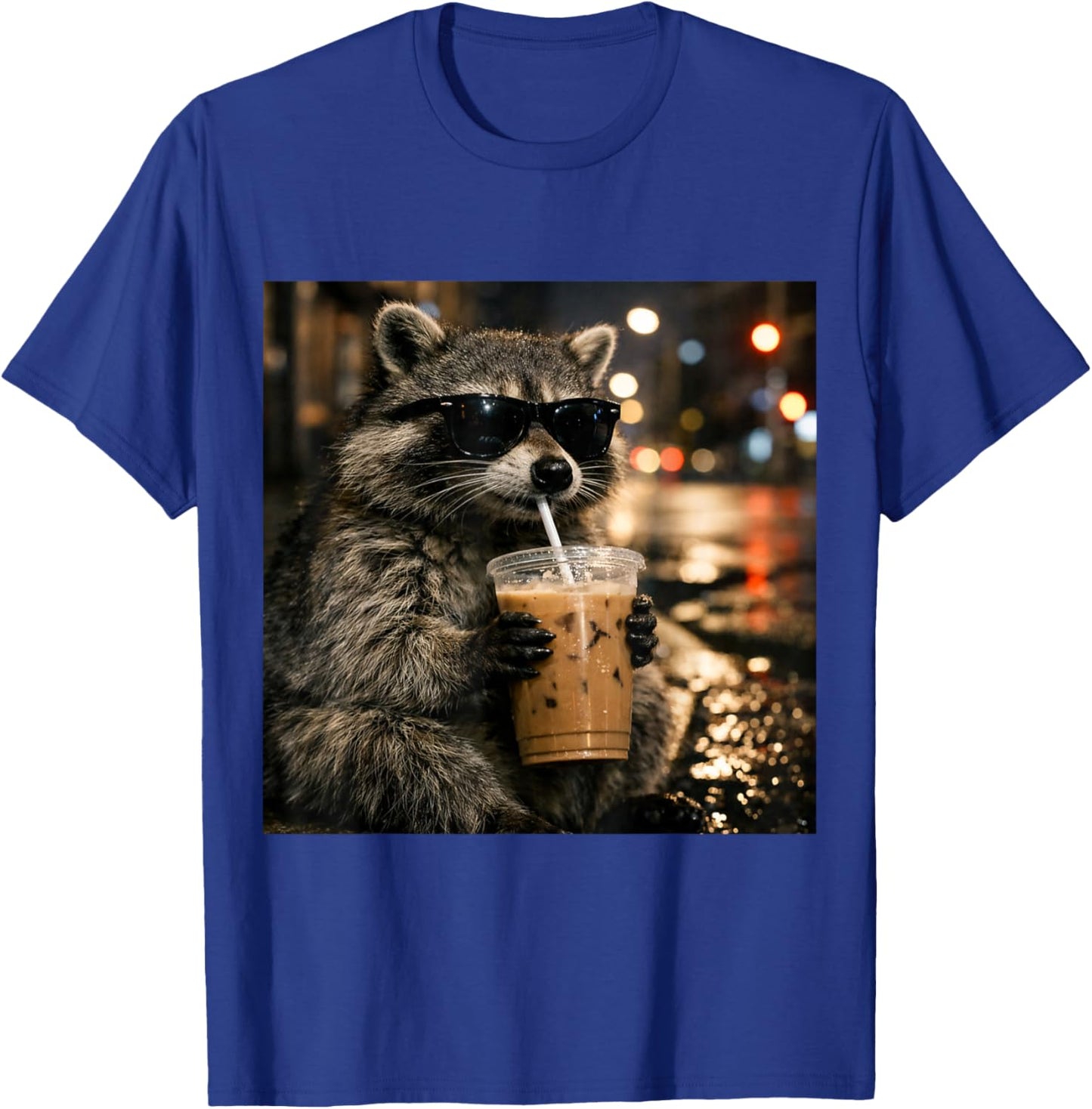 Raccoon Drinking Iced Coffee Funny Animal Meme Men Women T-Shirt - T-Shirt | Royal