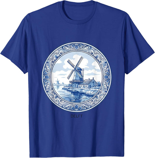 Delft Blue Dutch Windmill Countryside Landscape T-Shirt - T-Shirt | Royal
