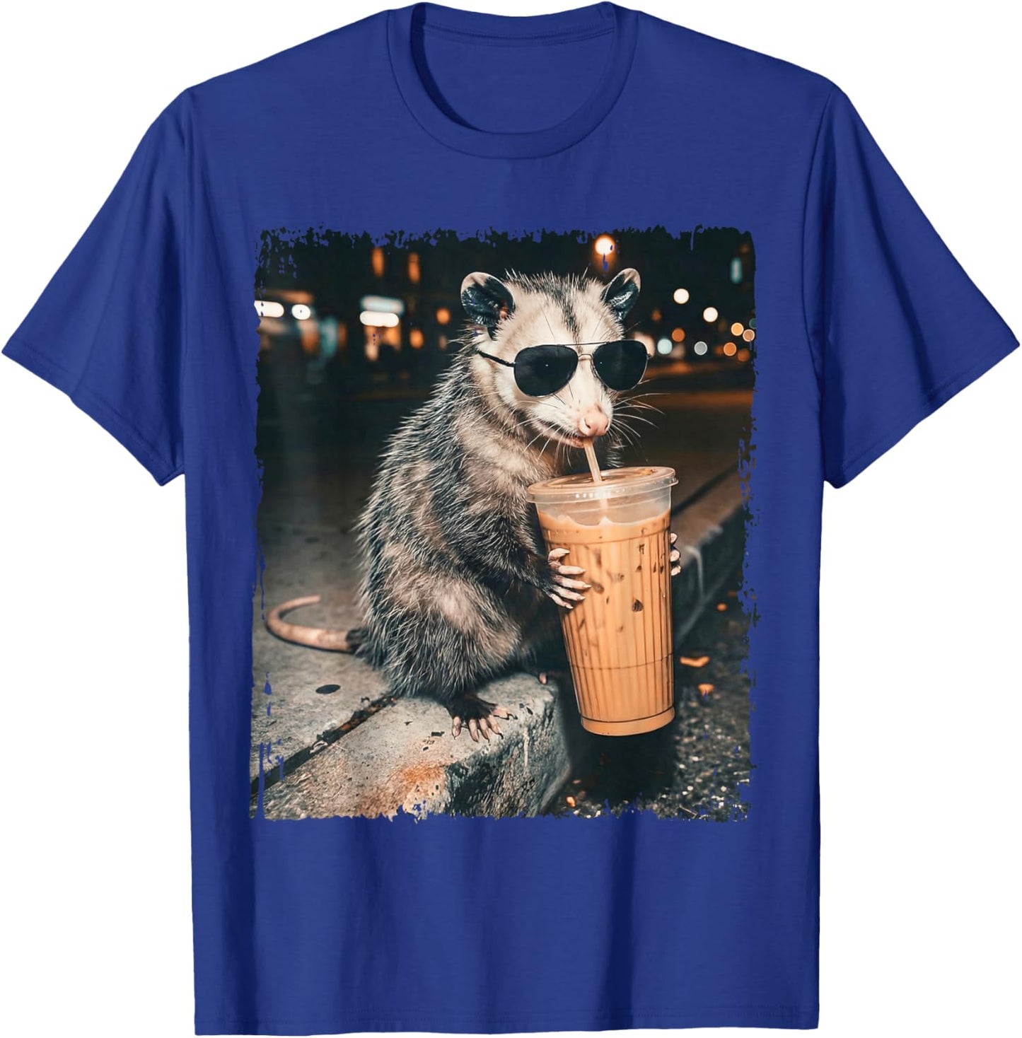 Opossum Drinking Iced Coffee Funny Possum Meme Men Women T-Shirt - T-Shirt | Royal