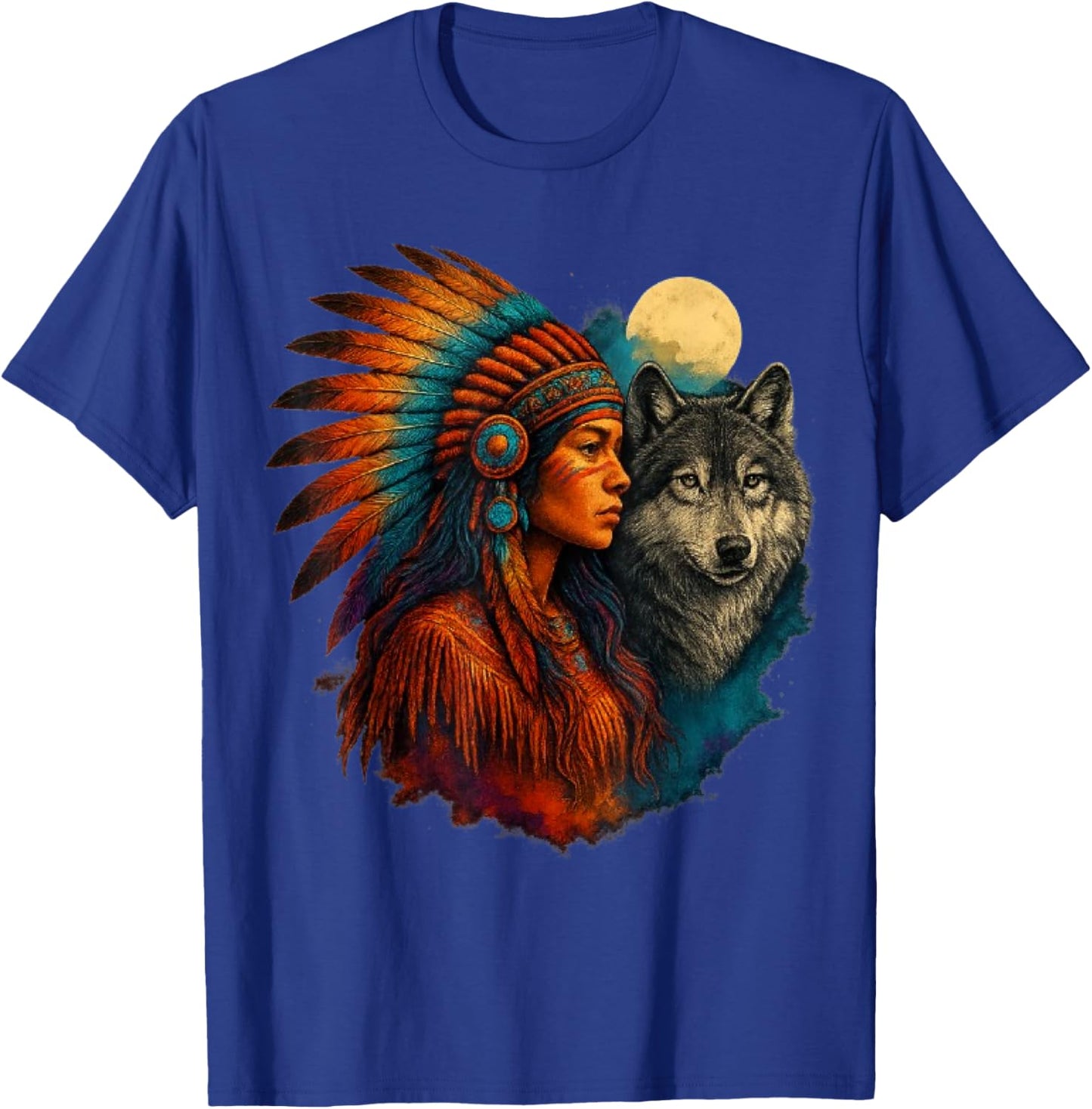 Indian Native American Woman with White Wolf Vitage T-Shirt - T-Shirt | Royal