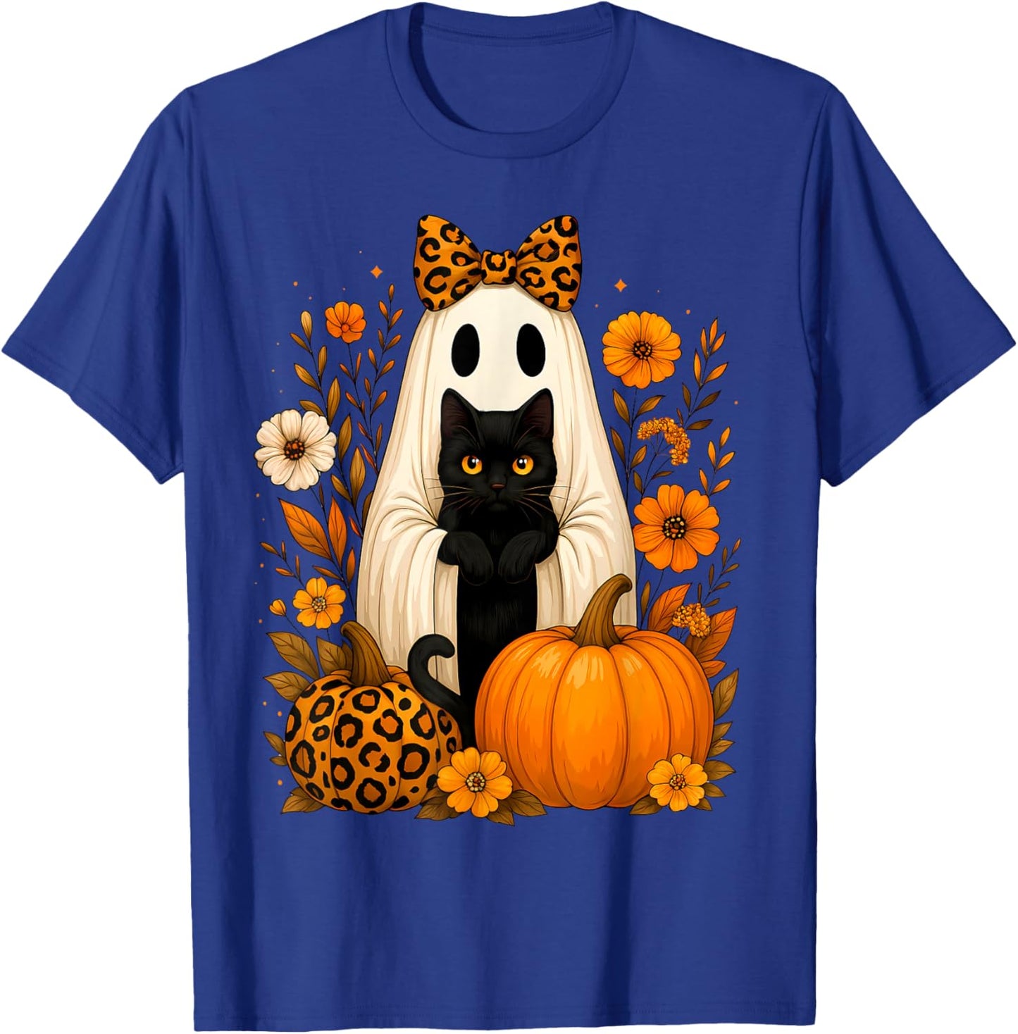 Ghost Holding Black Cat Leopard Print Autumn Halloween Women T-Shirt - T-Shirt | Royal