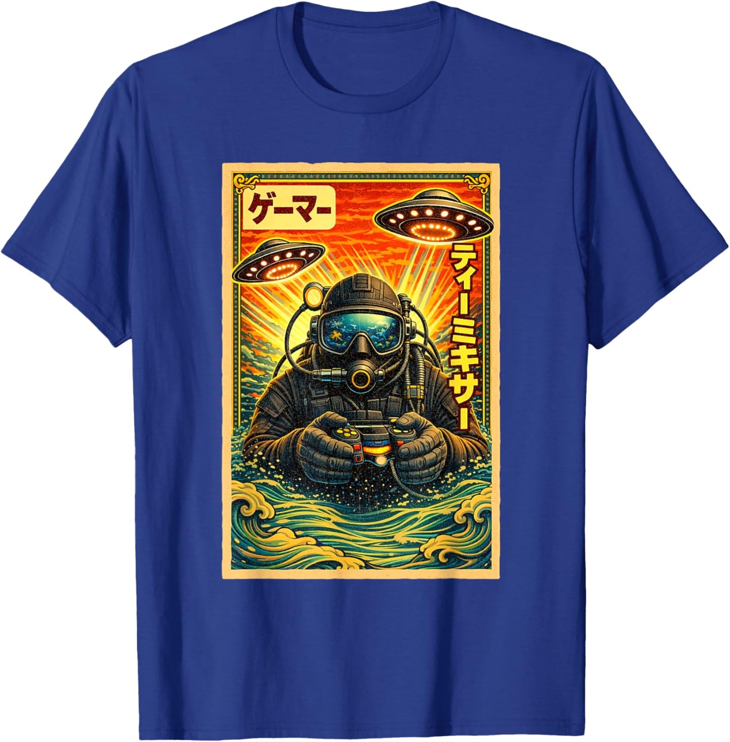 Japanese Retro Vintage UFO Scuba Diver Graphic Funny Gamer T-Shirt - T-Shirt | Royal
