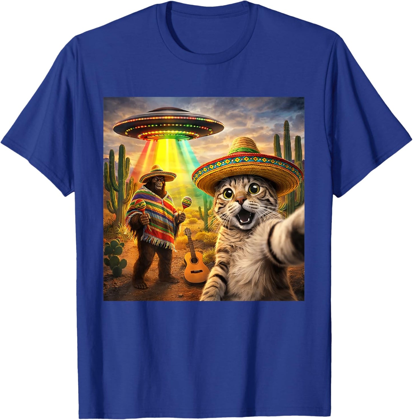 Mexican Cat Selfie with Bigfoot UFO Cinco De Mayo Meme 2026 T-Shirt - T-Shirt | Royal