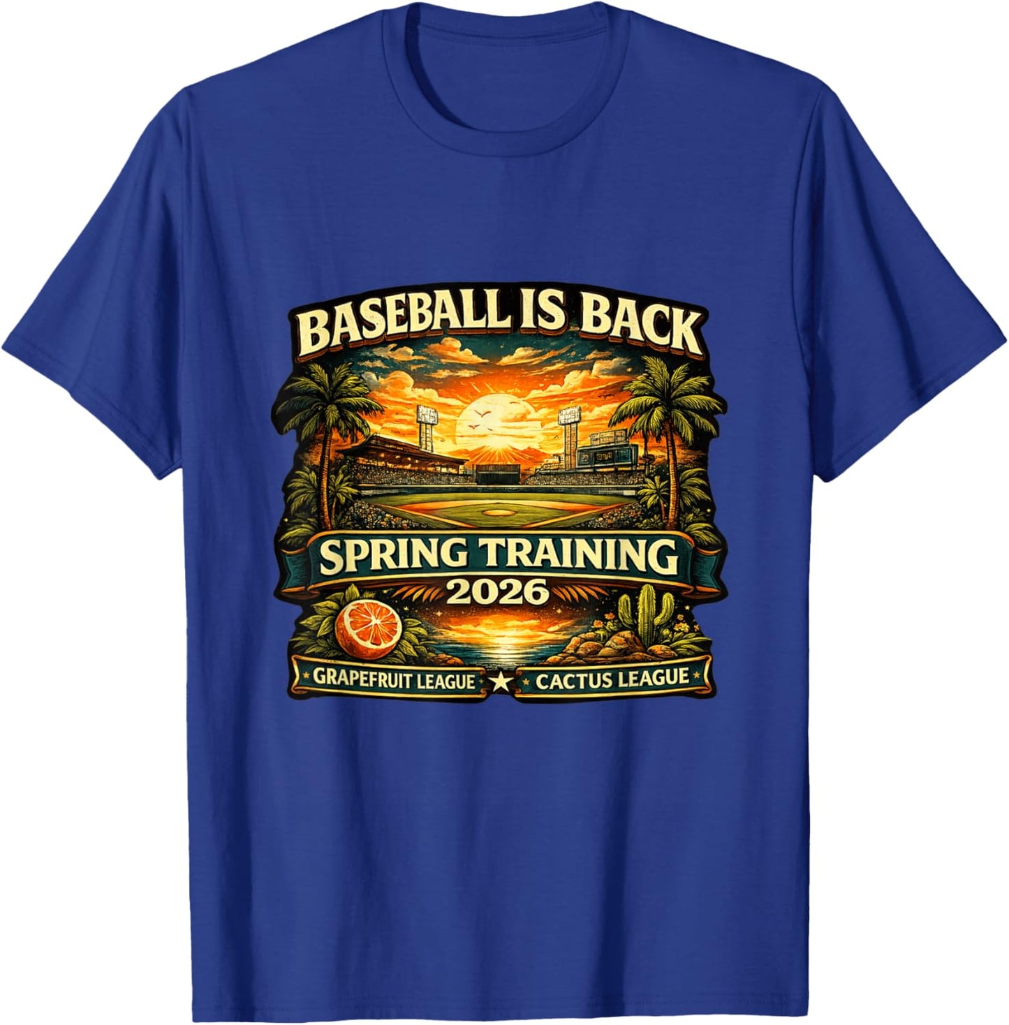 Spring Training Baseball is Back 2026 Retro Stadium Sunset T-Shirt - T-Shirt | Royal