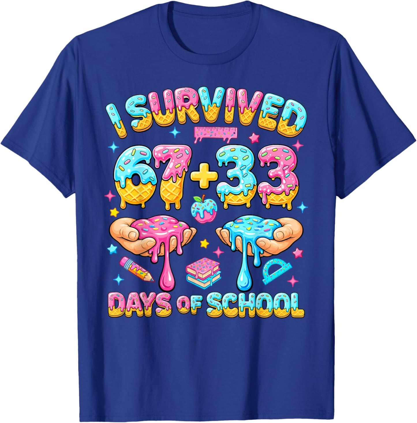 I Survived 67+33 Days of School 100 Days Teachers Kids Boys T-Shirt - T-Shirt | Royal