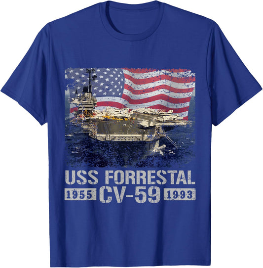 USS Forrestal CV-59 Aircraft Carrier Est 1955-1993 Flag USA T-Shirt - T-Shirt | Royal