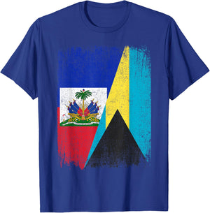 Half Haiti Bahamas Flag Haitian Bahamian Pride Roots T-Shirt - T-Shirt | Royal