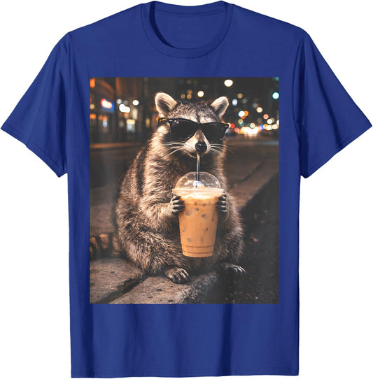 Raccoon Drinking Iced Coffee Funny Animal Meme Men Women T-Shirt - T-Shirt | Royal