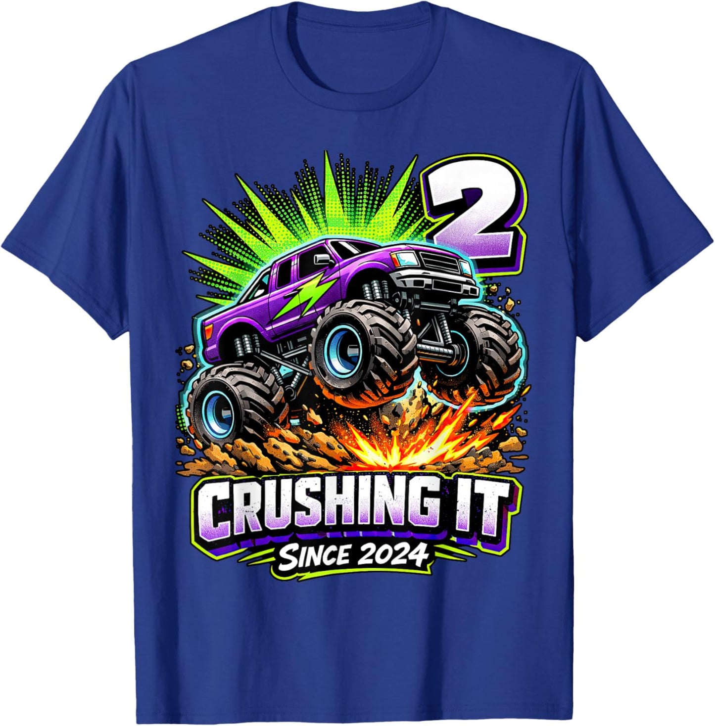 Birthday Monster Truck 2 Year Old Boys 2nd Party Born 2024 T-Shirt - T-Shirt | Royal