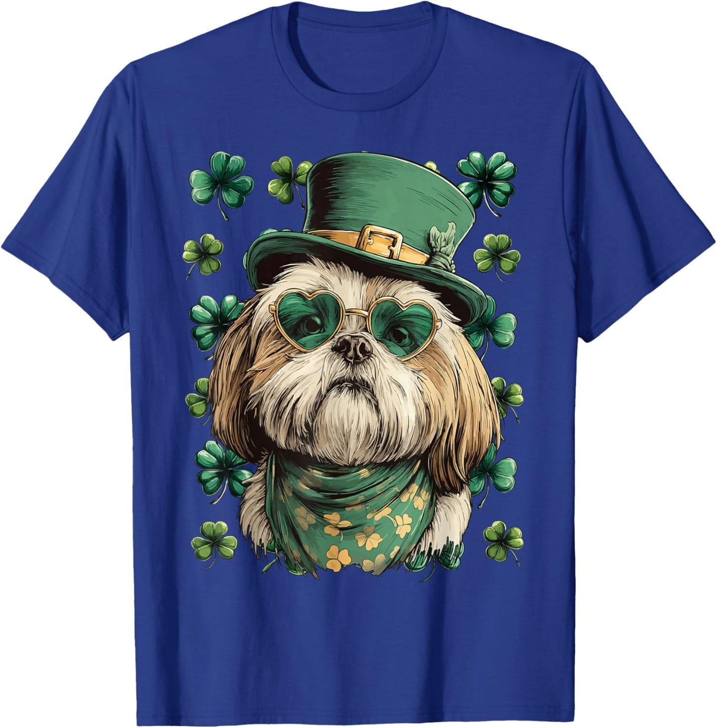 Shih Tzu with Shamrocks Hearts Sunglasses St Patricks Day T-Shirt - T-Shirt | Royal