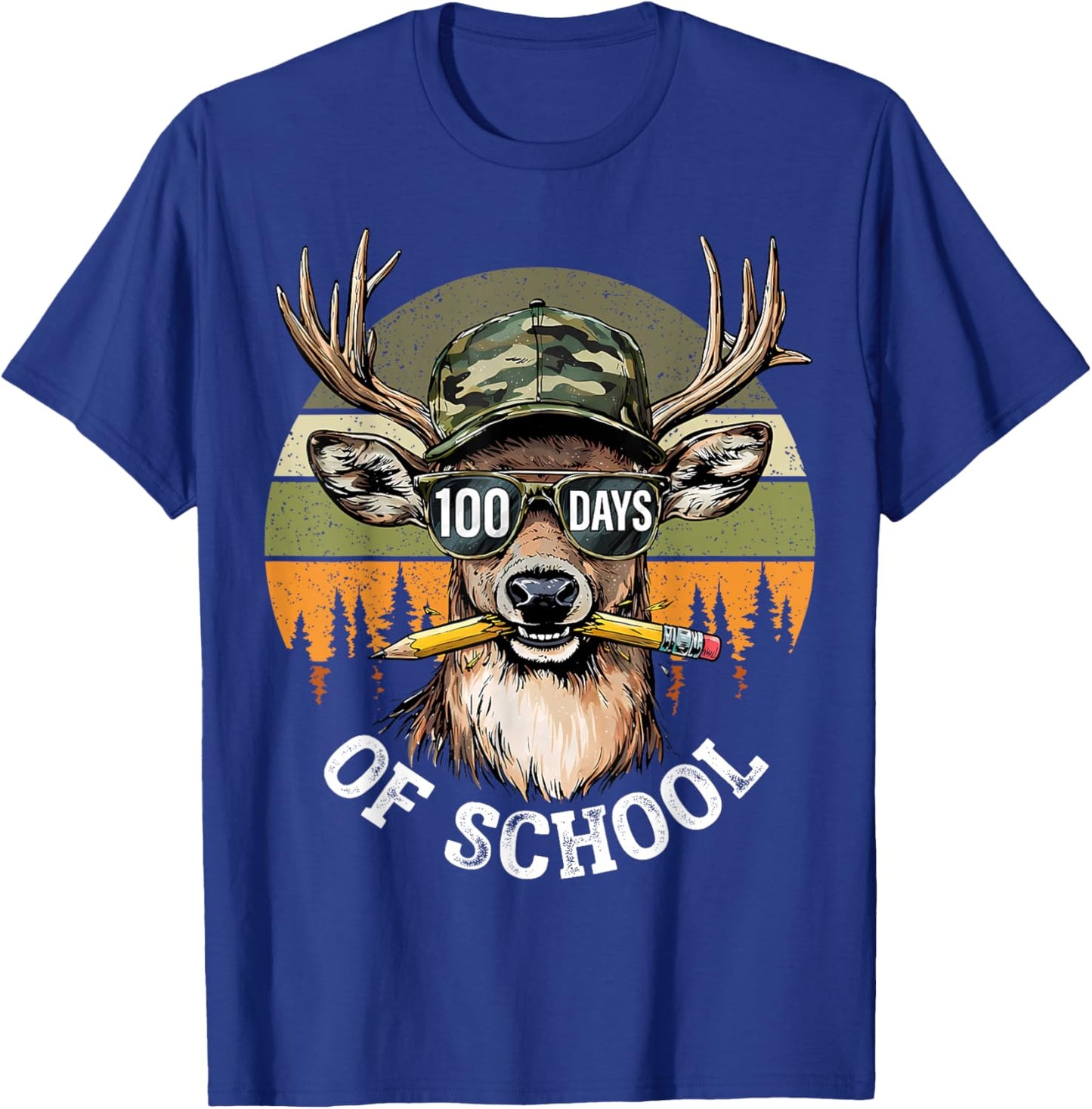 Retro 100 Days of School Camo Buck Pencil Deer Hunting T-Shirt - T-Shirt | Royal