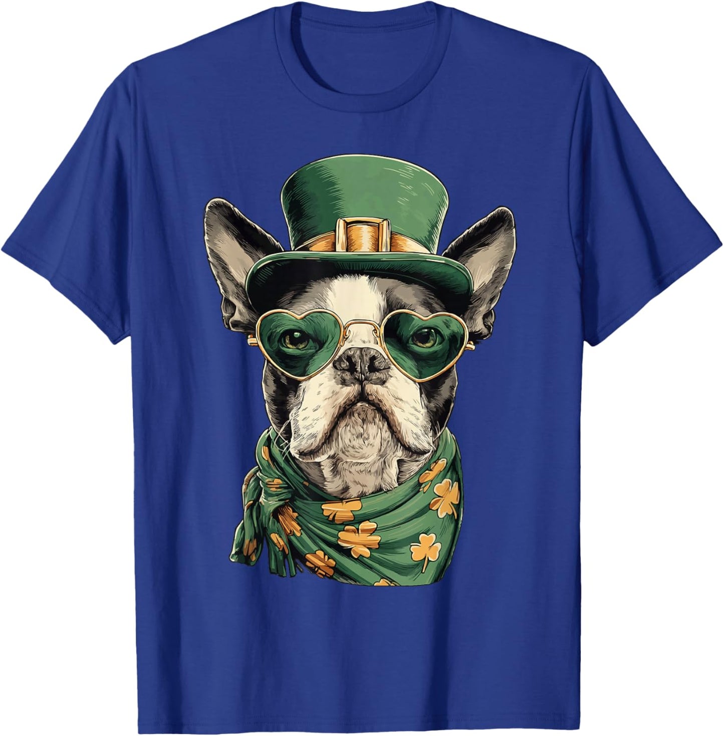 Irish Boston Terrier in Sunglasses Shamrocks St Patricks Day T-Shirt - T-Shirt | Royal