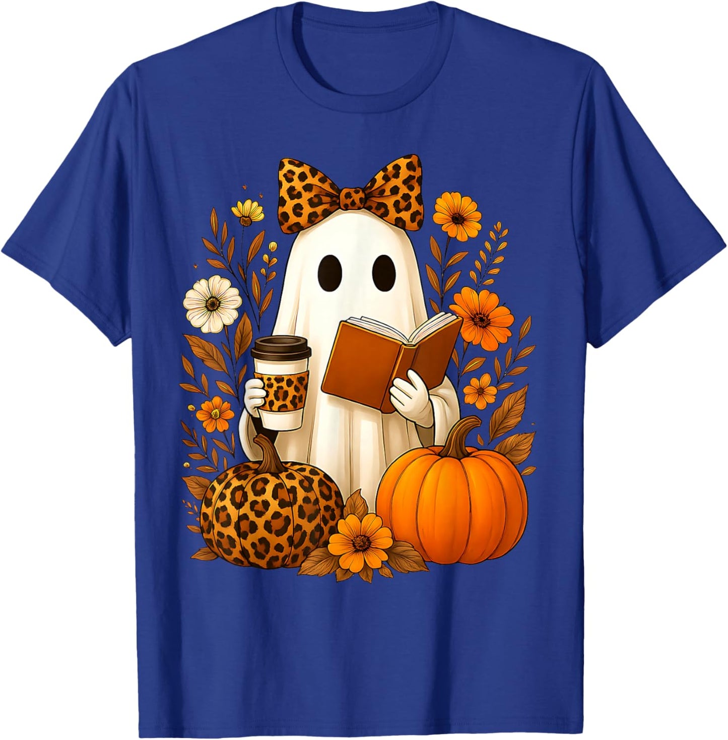 Ghost Reading Book Coffee Leopard Print Fall Halloween Women T-Shirt - T-Shirt | Royal