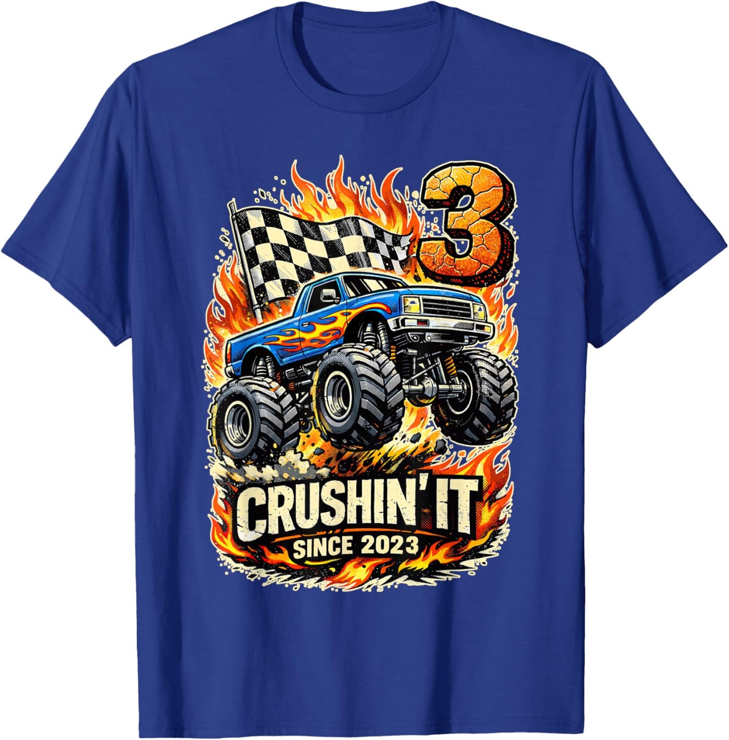 Birthday Monster Truck 3 Year Old Boys 3rd Party Born 2023 T-Shirt - T-Shirt | Royal