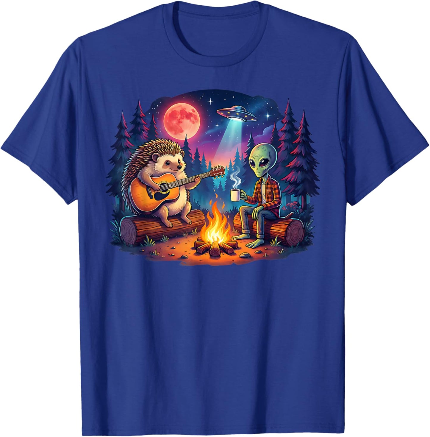 Funny Alien and Hedgehog Camping Campfire Moon UFO Guitar T-Shirt - T-Shirt | Royal