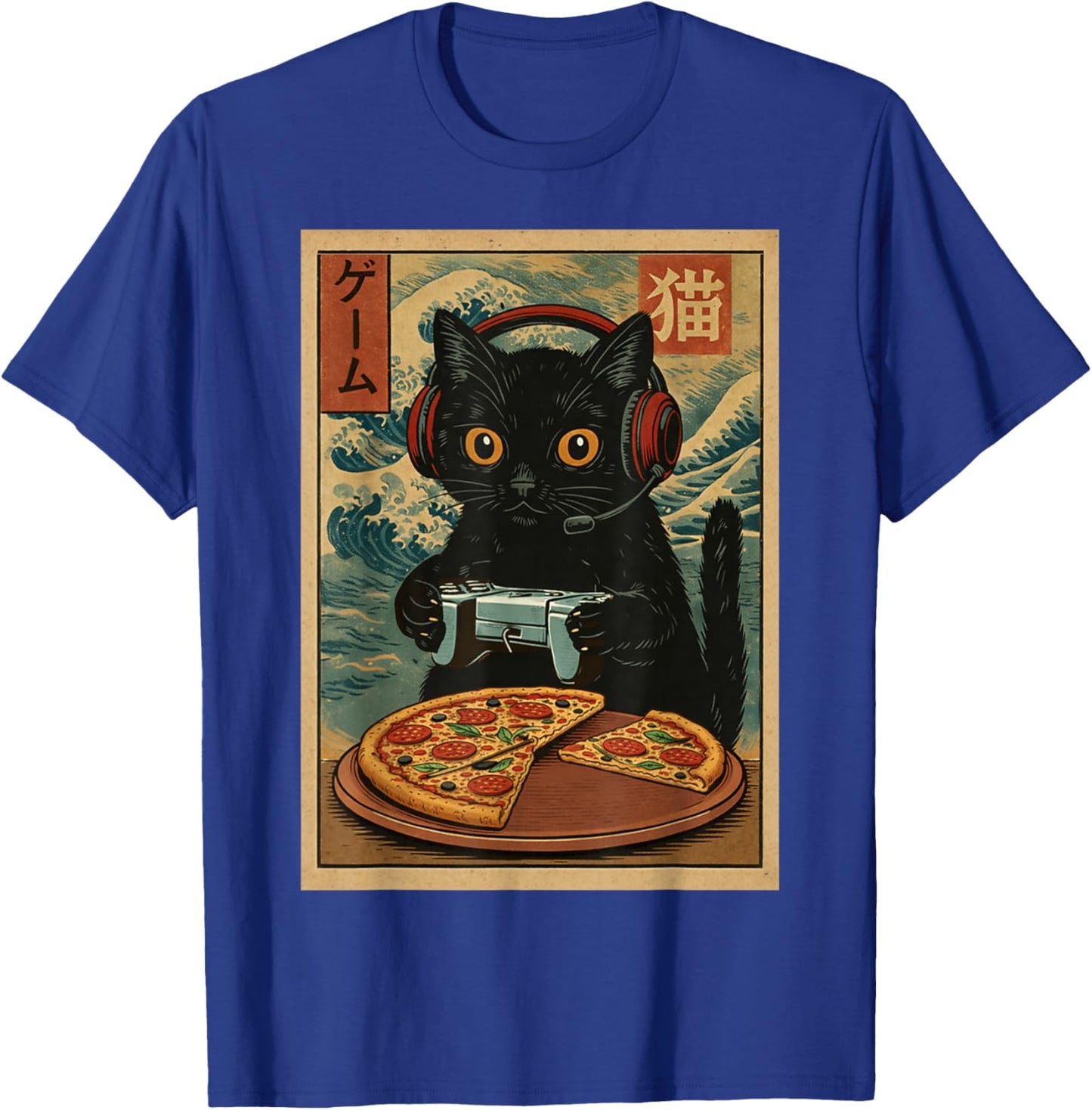 Cute Kawaii Gamer Cat Funny Pizza Retro Japanese Cat Gaming T-Shirt - T-Shirt | Royal