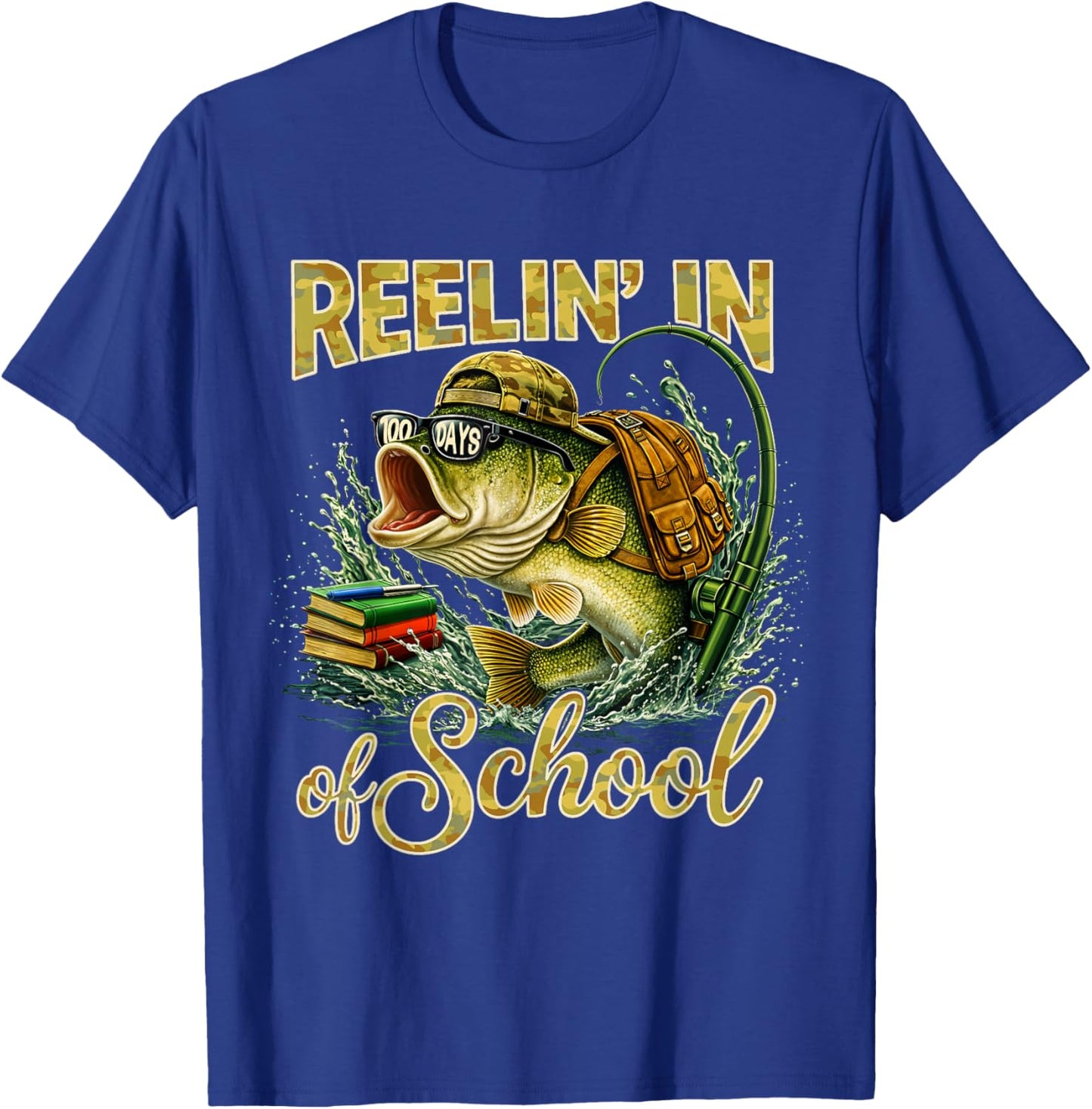 Reelin' in 100 Days of School Fishing Bass Kids Teacher T-Shirt - T-Shirt | Royal