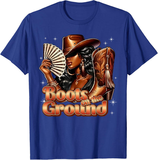 Boots On Ground Western Cowgirl Hat Boots African American T-Shirt - T-Shirt | Royal