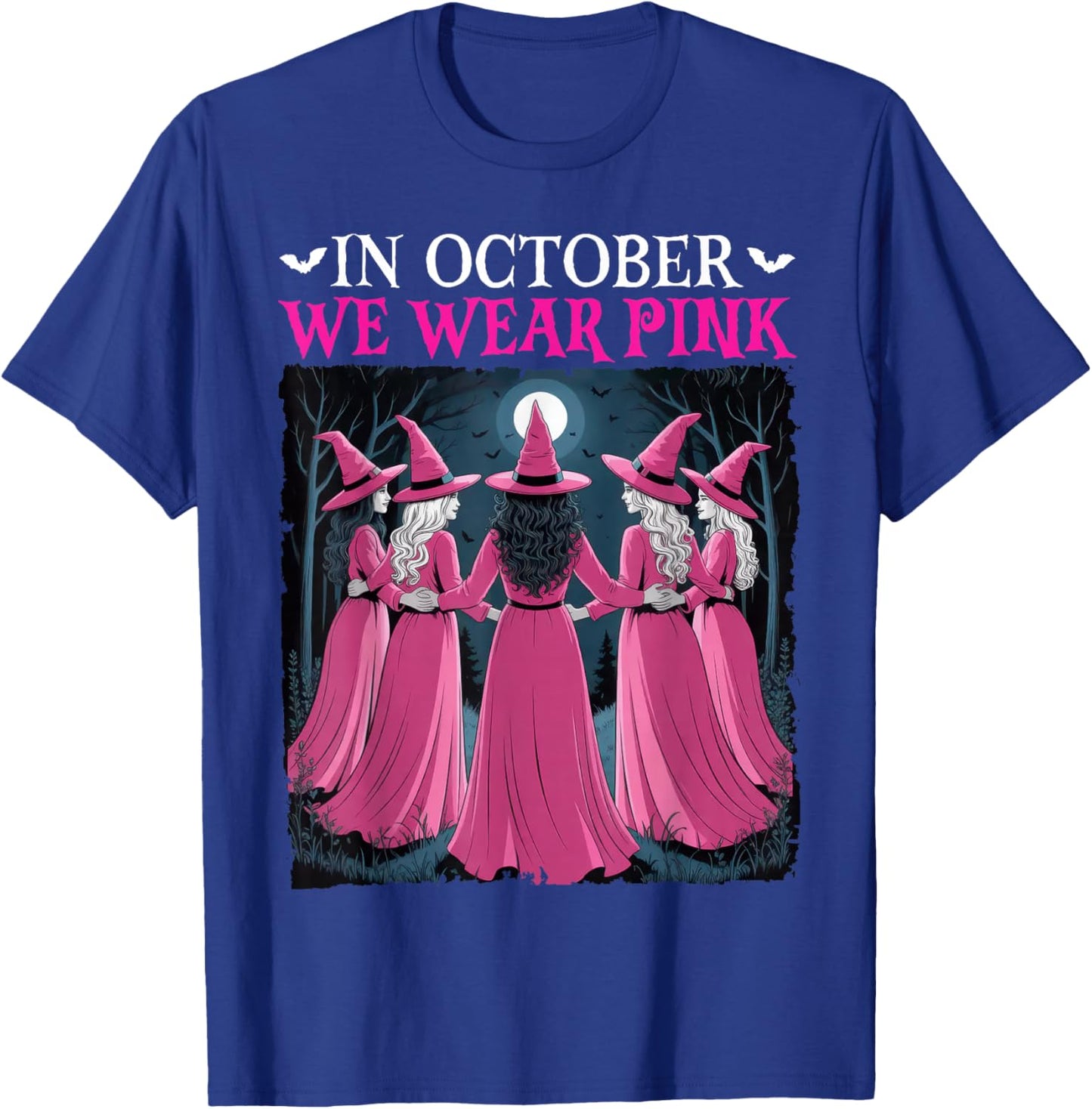 in October We Wear Pink Witch Halloween Breast Cancer Women T-Shirt - T-Shirt | Royal