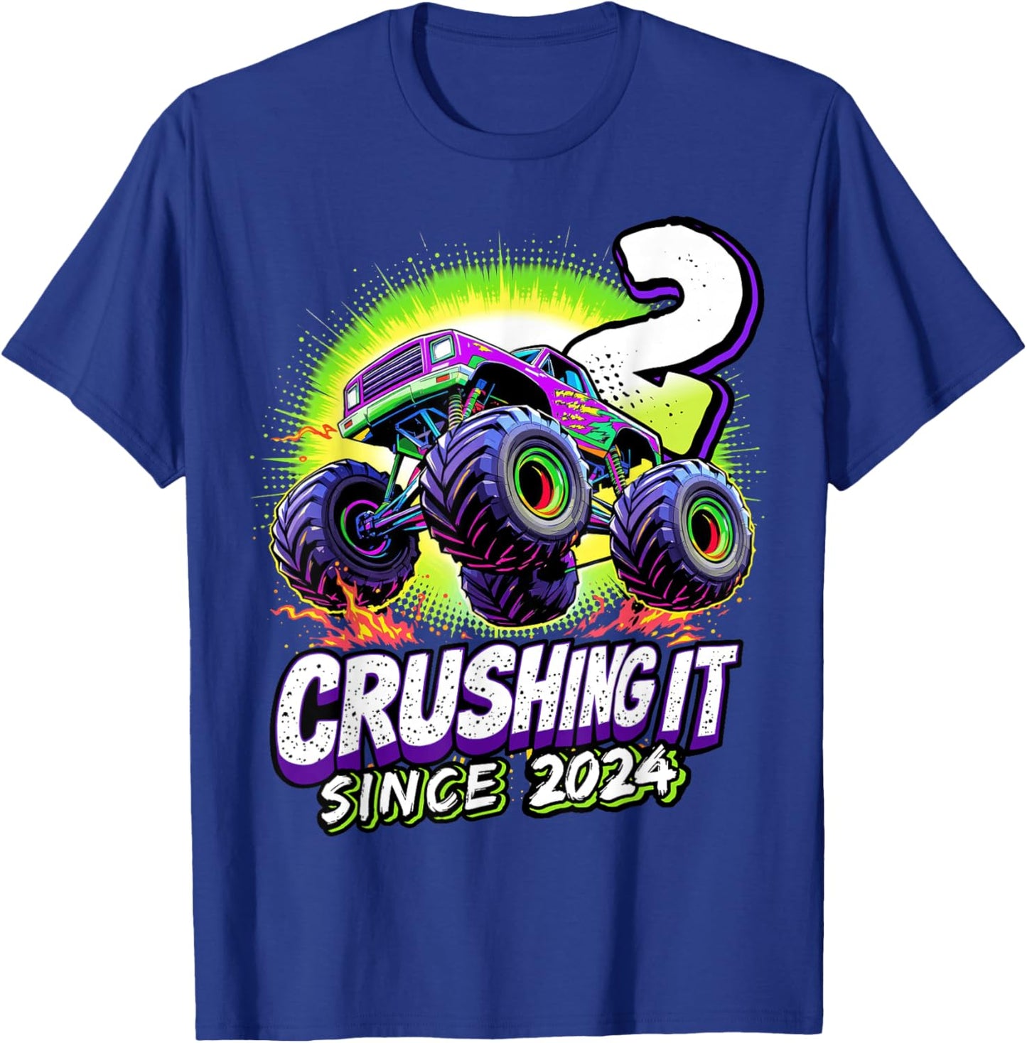 Birthday Monster Truck 2 Year Old Boys 2nd Party Born 2024 T-Shirt - T-Shirt | Royal