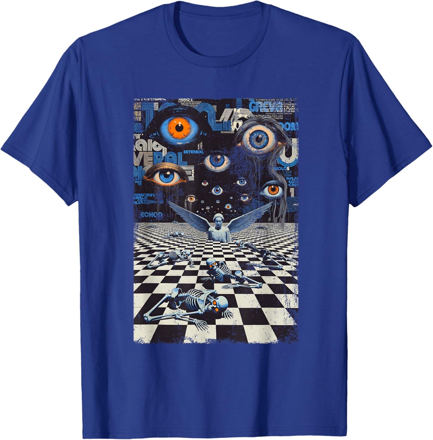 Weirdcore Eyes Skeleton Glitch Art Surreal Checkered Floor T-Shirt - T-Shirt | Royal