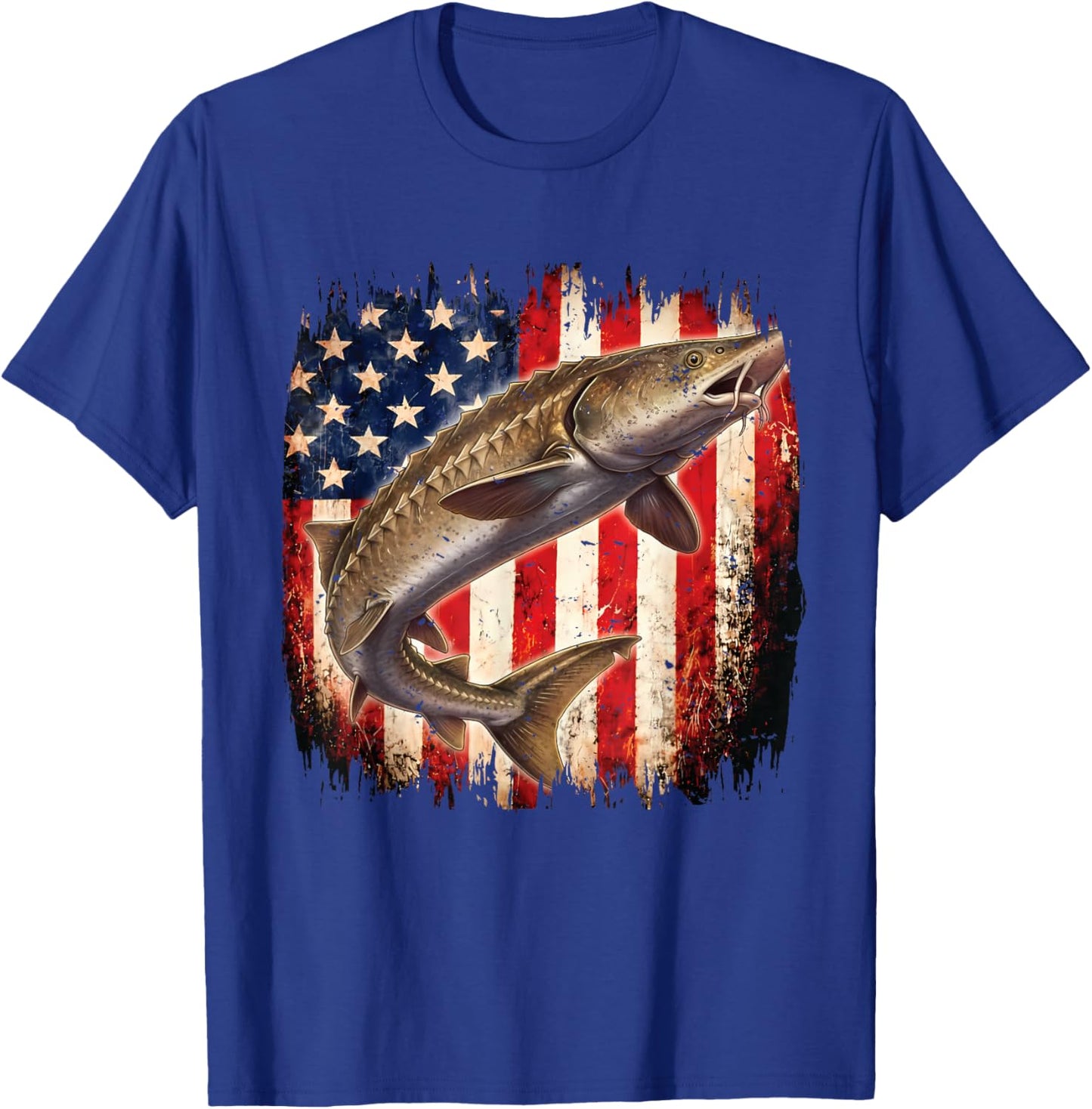 American Flag Sturgeon Fish Fishing Vintage Fisherman T-Shirt - T-Shirt | Royal