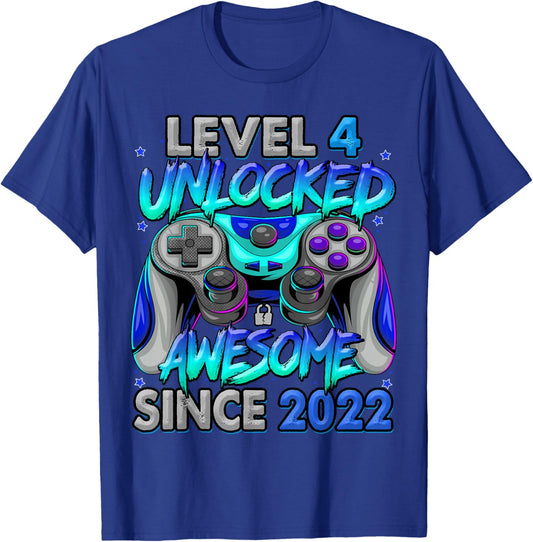 Level 4 Unlocked Awesome Since 2022 4th Birthday Gaming T-Shirt - T-Shirt | Royal