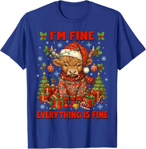 I'm Fine Everything is Fine Christmas Highland Cow Heifer T-Shirt - T-Shirt | Royal