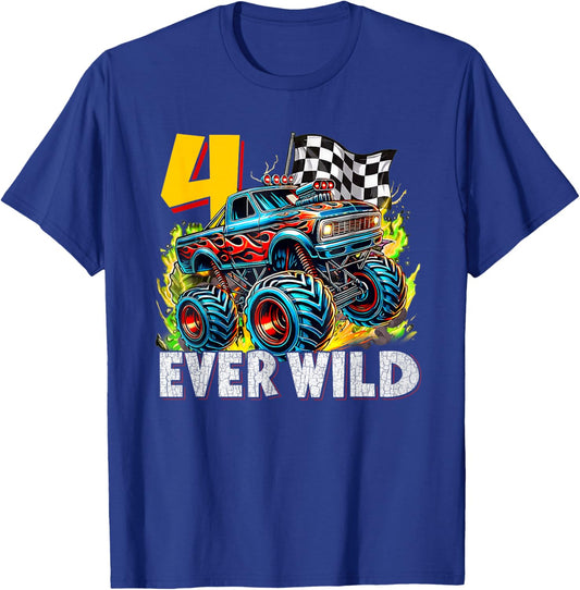 Funny 4th Birthday Boy Four Ever Wild Monster Truck Kids T-Shirt - T-Shirt | Royal