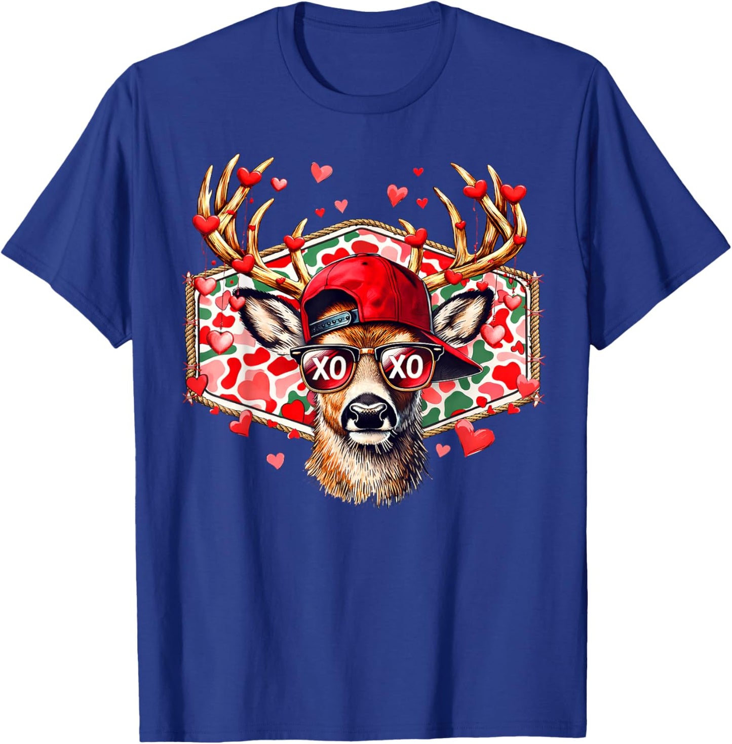 Valentine Buck Deer Hunting Camo Funny Red Heart Boy Girl T-Shirt - T-Shirt | Royal