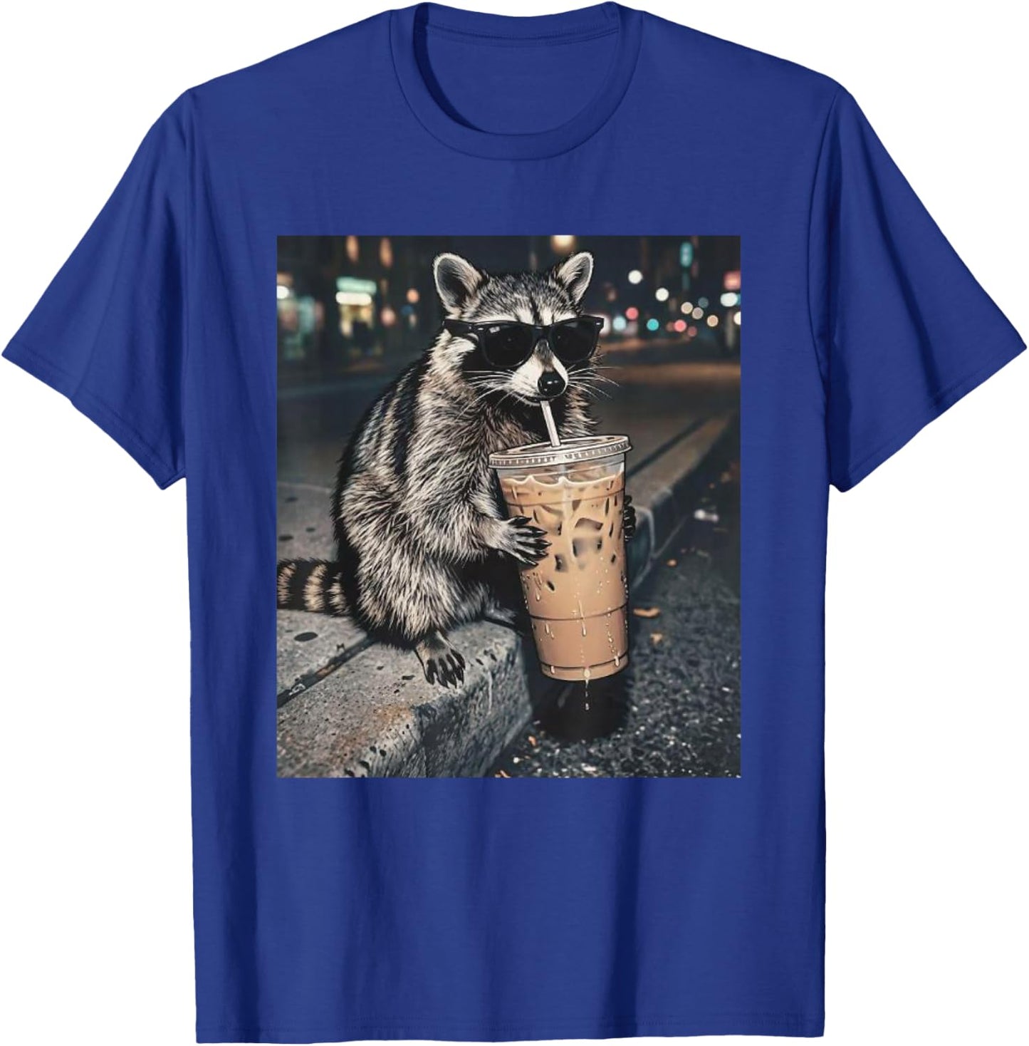 Funny Raccoon Drinking Iced Coffee Meme T-Shirt - T-Shirt | Royal