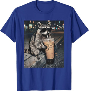 Funny Raccoon Drinking Iced Coffee Meme T-Shirt - T-Shirt | Royal
