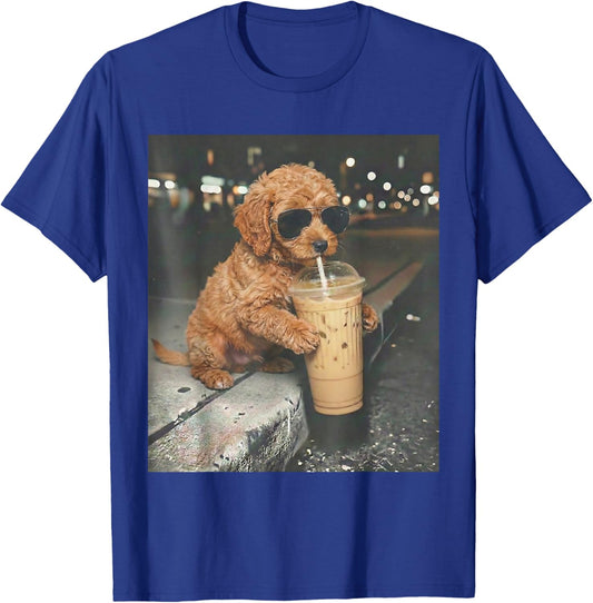 Goldendoodle Drinking Iced Coffee Funny Dog Meme Doodle T-Shirt - T-Shirt | Royal