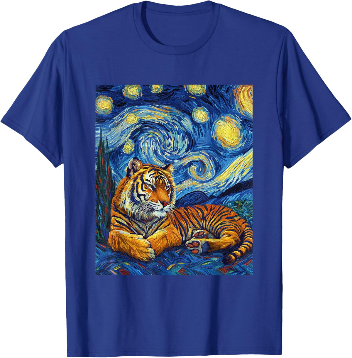 Tiger Van Gogh Style Starry Night Funny Graphic T-Shirt - T-Shirt | Royal