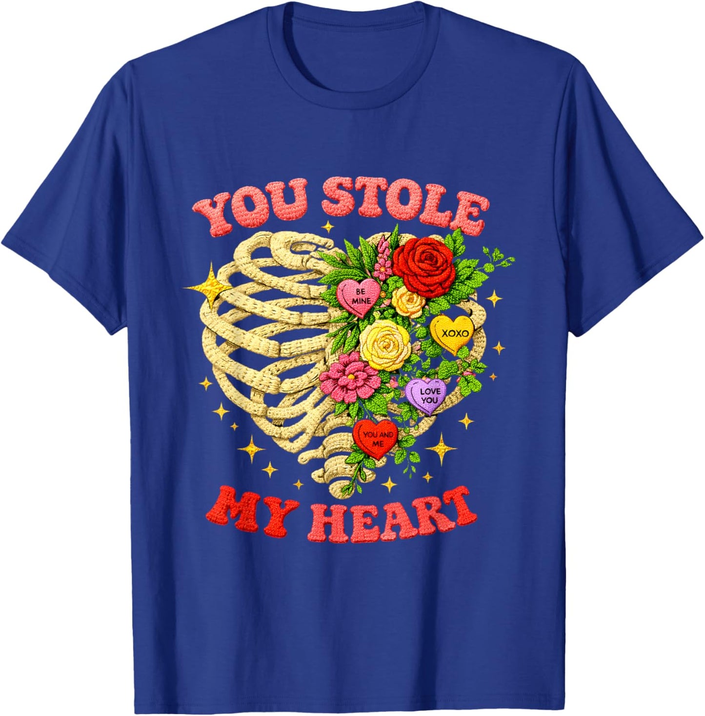You Stole My Heart Embroidered Skeleton Valentine Art T-Shirt - T-Shirt | Royal