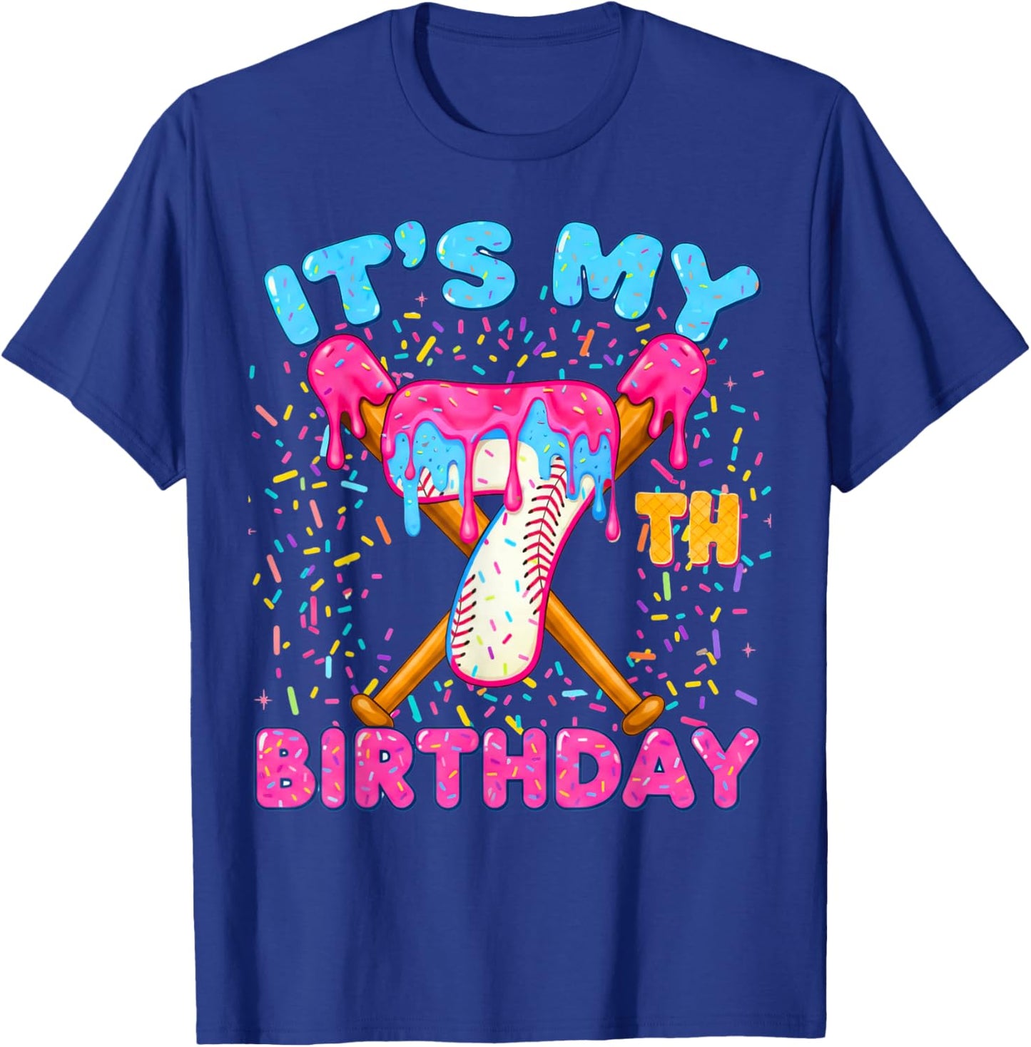 7th Birthday Baseball Seven Ice Cream Drip Boy Baseball T-Shirt - T-Shirt | Royal