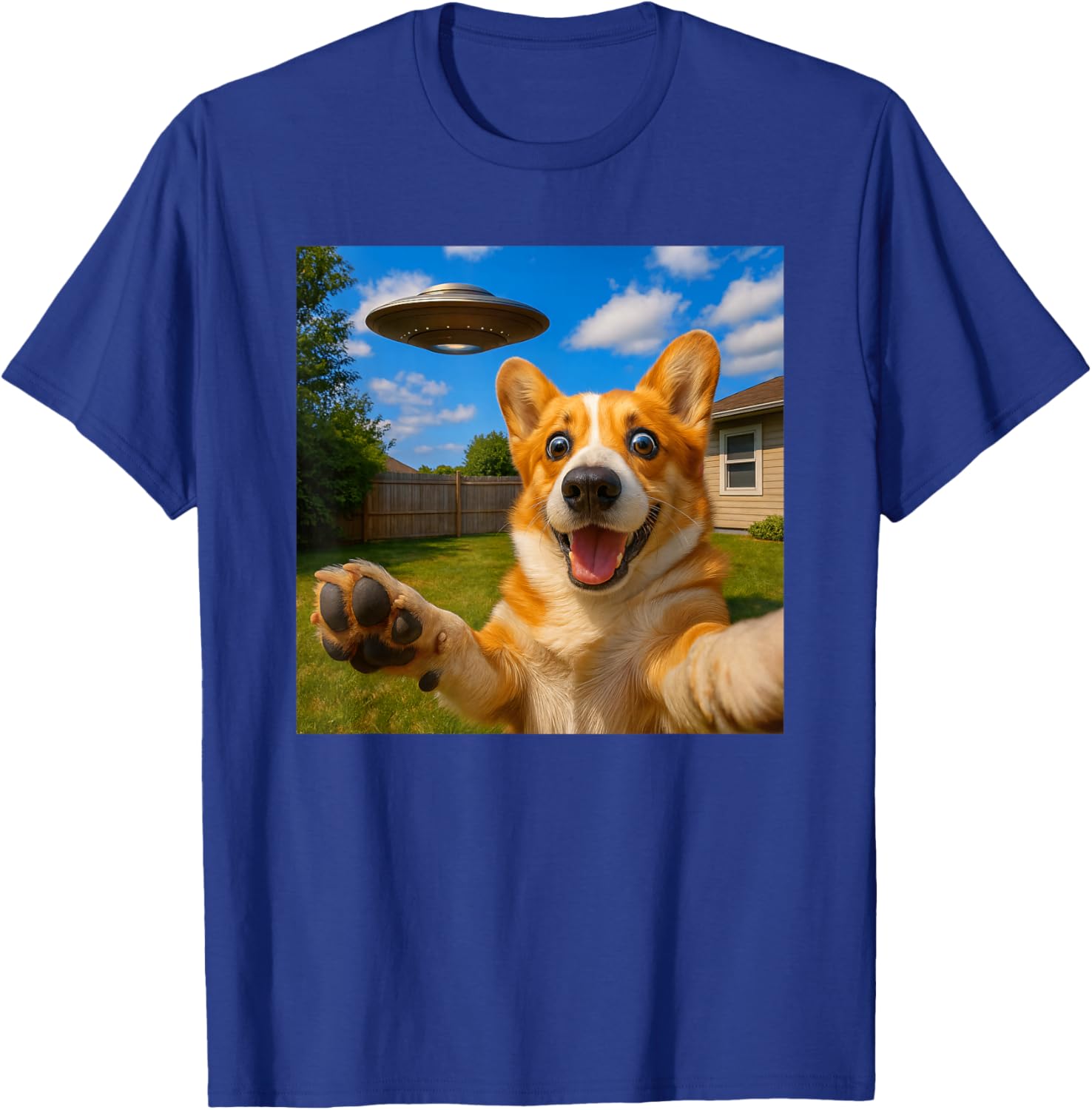 Corgi UFO Selfie with Funny Invasion Alien Sarcastic Humor T-Shirt - T-Shirt | Royal