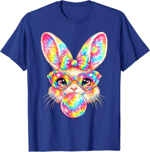 Rainbow Bunny Tie Dye Easter Coquette Bow with Sunglasses T-Shirt - T-Shirt | Royal