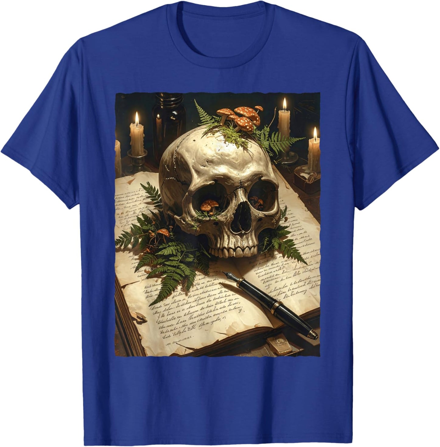 Dark Academia Gothic Mushroom Skull Vintage Book Fern Occult T-Shirt - T-Shirt | Royal